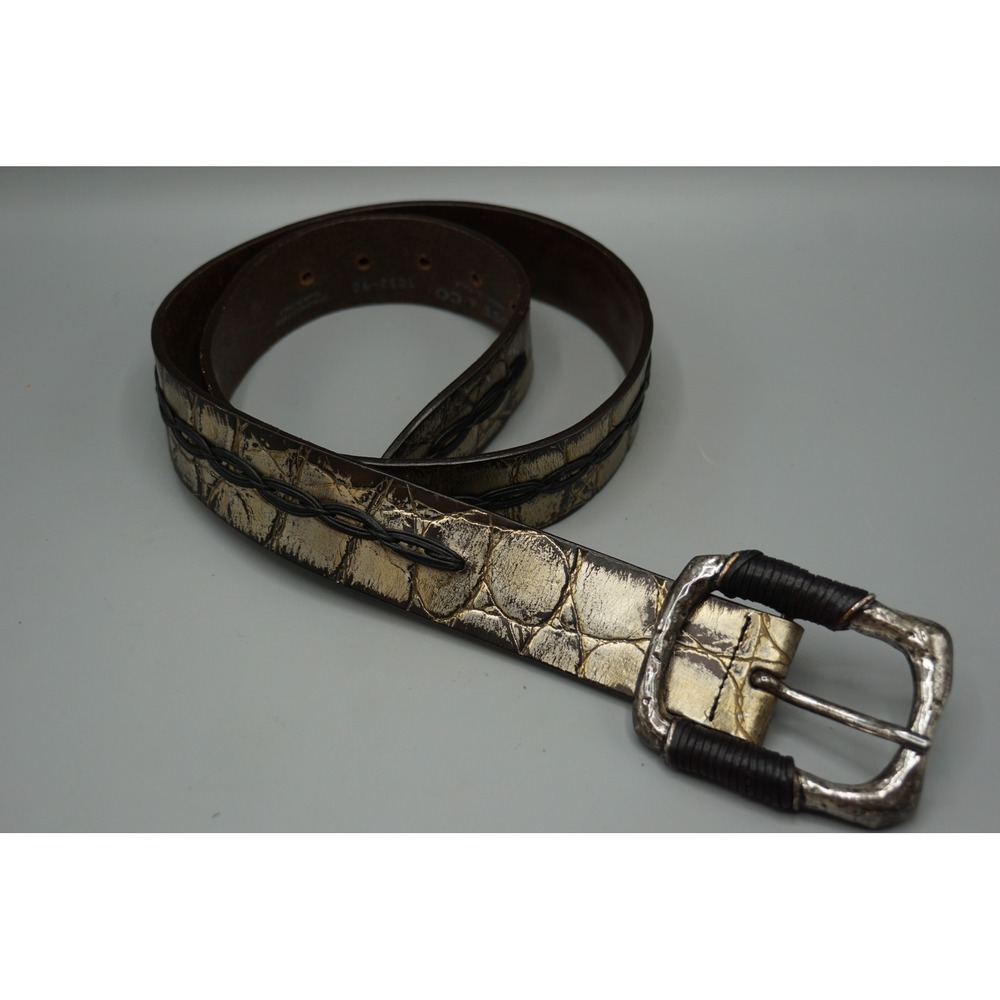 Post & Co Italy Croc Embossed Gold Metallic Leather Belt Hammered Buckle Size 36